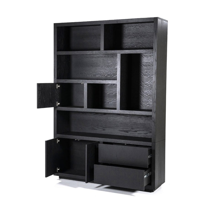 Kast Helsinki in zwart eiken fineer vakkenkast met twee deurtjes - 150x45x220 cm