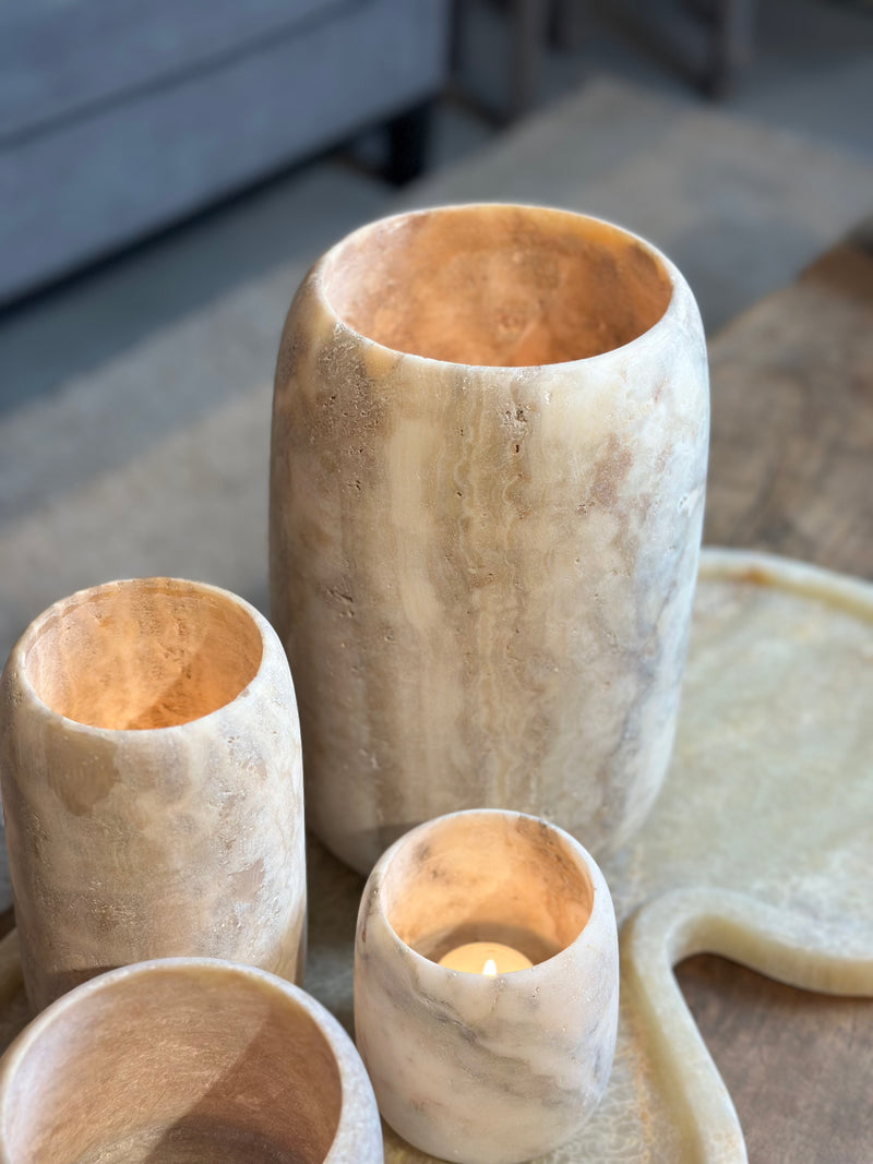 Albast windlicht in beigekleur XL - H25 x D15 cm