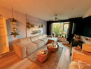 Bank Tori met lounge element in beige fluffy stof - B370 x L175 cm