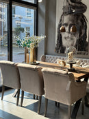 Eetkamerstoel Madrid in leemkleurige linnen-look stof met gecapitonneerde rugleuning