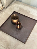 Leren dienblad vierkant Noa maat L in donkerbruine krokoprint - 50x50x2,5 cm