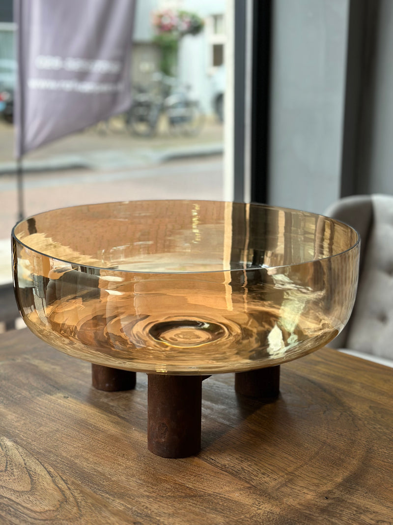 Glazen amberkleurige schaal 'De Baron' op houten voet - 46 x 25 cm