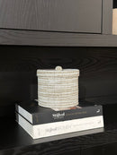 Offermandje met deksel beige met witte kraaltjes - D20 x H15 cm