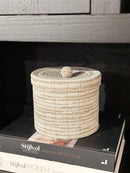 Offermandje met deksel beige met witte kraaltjes - D20 x H15 cm