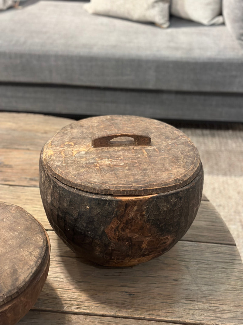 Authentieke houten pot met deksel - 36x25 cm