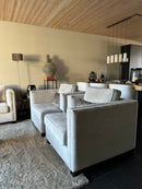 Fauteuil Karel in beige linnen-look stof met 1 lange en 1 korte armleuning