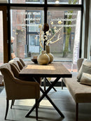 Eettafel Marja van rustiek teakhout met zwarte metalen kruispoten - 180x90 cm