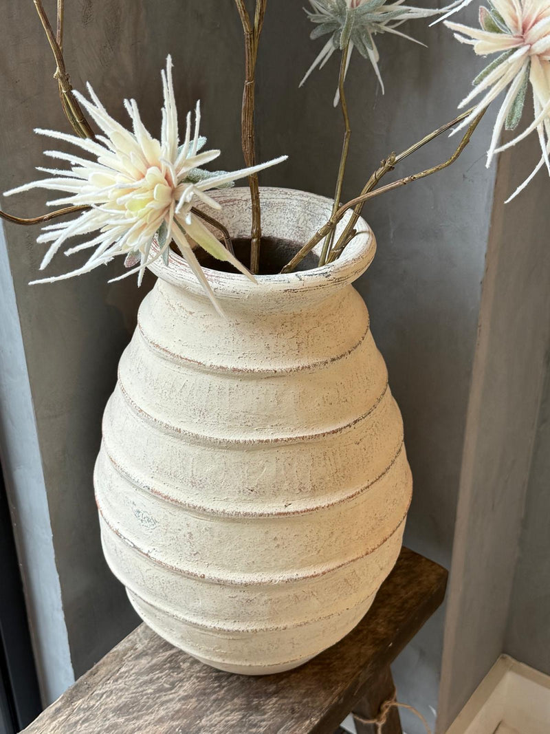 Witte terracotta vaas met ribbels - D30 x H44 cm