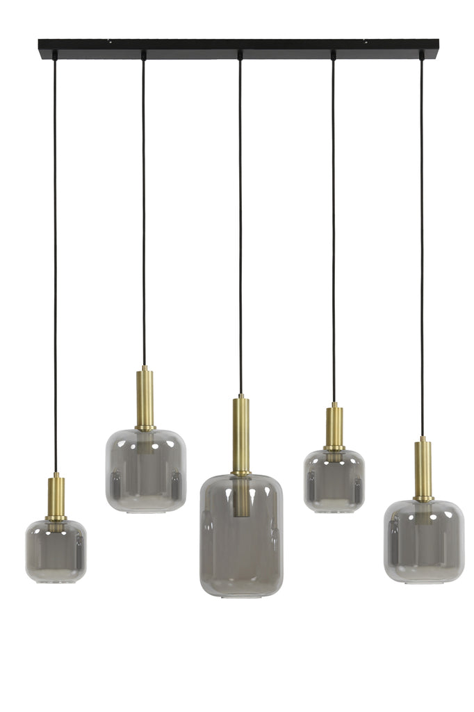 Hanglamp met 5 bollen van gerookt glas met antiek brons details - 110x22x32 cm