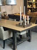 Eettafel Ben van oud hout met zwarte rand en zwarte H-poot