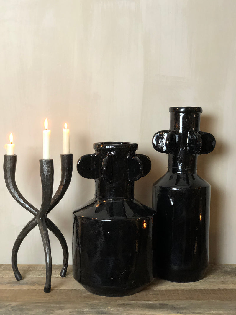 Zwarte hoogglans vaas met oortjes - H46 x D25 cm